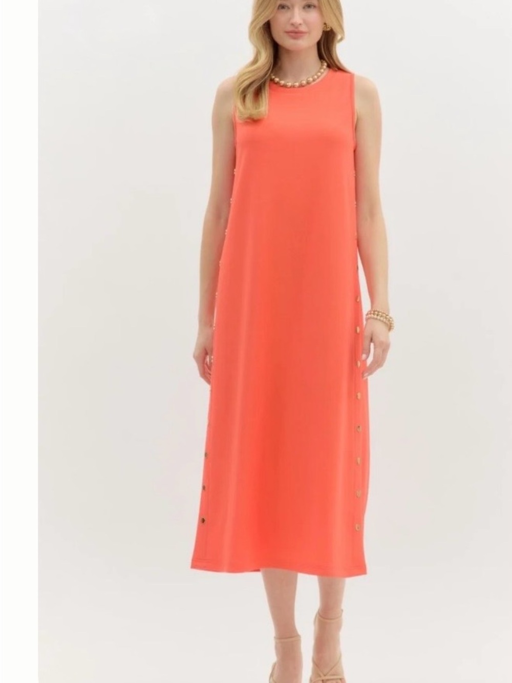 entro Coral Sleeveless Midi Dress with Side Buttons
